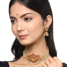 Yellow Chimes Gold-Plated White Stone-Studded & Beaded Tempal Jewellery Set-19
