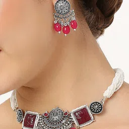 OOMPH Silver-Plated Stone-Studded & Pearl Beaded Oxidised Jewellery Set-21