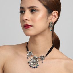 Sangria Silver-Toned & Blue Silver-Plated Stone-Studded Jewellery Set-image-24