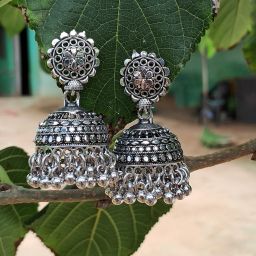 Oxidized jhumka Crystal Silver Jhumki Earring-image-17
