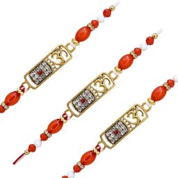 Bracelet OM Designer-04 Gold Finish Rakhi, Chawal Roli Pack, Greeting Card Set-12