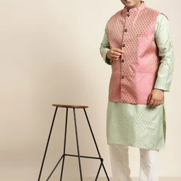 SOJANYA PLUS Men Plus Size Green Woven Design Kurta & Churidar Comes With a Nehru Jacket image 3