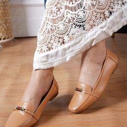 Mast & Harbour Beige Textured Embellished Ballerinas-image-2