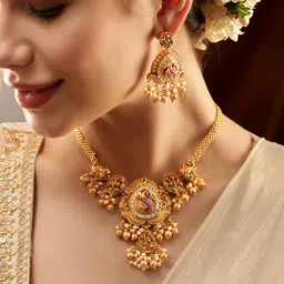 Rubans Gold-Plated Crystal Studded & Pearl Beaded Jewellery Set-image-35