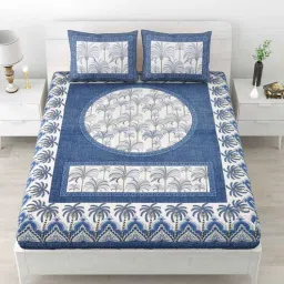 uniqchoice Blue Floral 120 TC Cotton Queen Sized Bedsheet with 2 Pillow Cover-picture-28