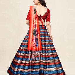 Kaizen TEXO FAB Red & Blue Printed Semi-Stitched Lehenga & Unstitched Blouse With Dupatta image 4