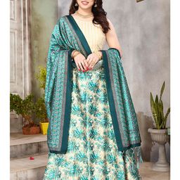 Kaizen TEXO FAB Teal & Cream-Coloured Printed Semi-Stitched Lehenga & Unstitched Blouse With Dupatta image 4