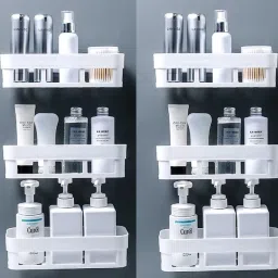 ABS Plastic Combo of 6 Pieces rack shelf Traceless Self Adhesive Waterproof Bathroom Shelf Wall Shelves shower shelf Wardrobe Shelf / Kitchen Shelf / wall mounted / Bathroom Shelf Rack Removable Reusable Vacuum Suction No drill & no nails required. Bathroom Accessories kitchen organizer toothbrush stands for wash basin with Strong Adhesive Magic Sticker soap stand, Bathroom Kitchen Organizer, Soap Box Holder With Suction Cup (25 x 11 x 7 cm, WHITE Colour) (6 PCS BATHROOM WALL SHELF ) Plastic Wall Shelf-image-77
