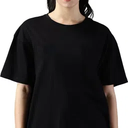 leotude Women Solid Round Neck Cotton Blend Black T-Shirt-picture-11