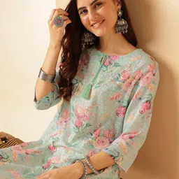 Anouk Floral Printed Tie-Up Neck Schiffili Pure Cotton Straight Kurta-image-38