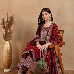 AHIKA Ethnic Motifs Embroidered Sequinned Kurta with Palazzos & With Dupatta image 5
