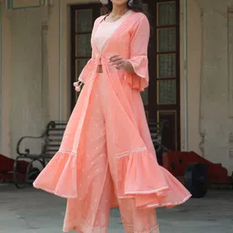 Juniper Peach-Coloured & White Embroidered Top with Palazzos & Shrug Co-Ord Set image 2