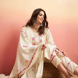 Sangria Pure Cotton Floral Embroidered Straight Kurta With Trousers & Dupatta-picture-26