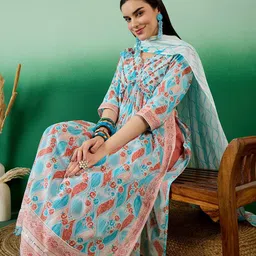 Sangria Blue Ethnic Printed Pure Cotton A-Line Kurta With Trouser & Dupatta-18
