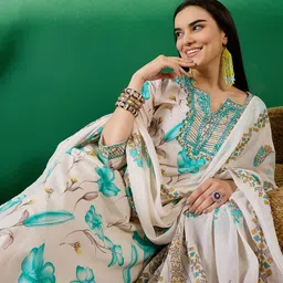 Sangria White Floral Printed Thread Work Pure Cotton Kurta With Trouser & Dupatta-10