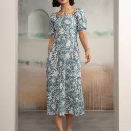 aask Women Fit and Flare Blue Midi/Calf Length Dress-picture-1