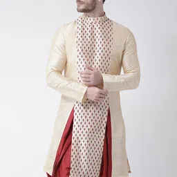DEYANN Men Cream-Coloured Ethnic Motifs Printed Panelled Dupion Silk Kurta with Patiala image 5