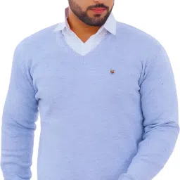 Men Self Design V Neck Light Blue Sweater-image-50