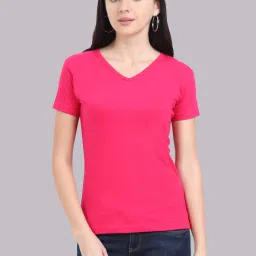 Womens V Neck Half Sleeve Women Solid V Neck Pure Cotton Pink T-Shirt-image-68