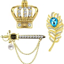 Om Jewells Gold Plated Men's Jewellery Combo of 3 Indo Western Wear Alloy Brooch Lapel Pin Studded with Multi Color Crystal Stones for Boys and Men CO1000380 Brooch-image-33