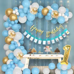 Solid 1st First Baby Boy Birthday Decoration Kit Combo With Net Curtain, Led Light, Balloon-6