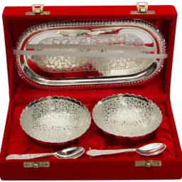 German Silver Capsule Set Tray, Spoon, Bowl Serving Set-11