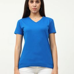 Womens V Neck Half Sleeve Tshirt Women Solid Polo Neck Pure Cotton Blue T-Shirt-image-3