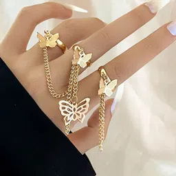 Shining Diva Fashion Set Of 3 Gold Plated Butterfly Chain Finger Rings-0