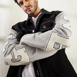 FUGAZEE Black & Grey Letterman Contrast Stitch Cotton Denim Jacket-image-9