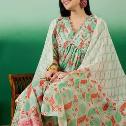 Sangria Green Ethnic Motifs Printed Pure Cotton V-Neck Kurta With Trousers & Dupatta-image-29