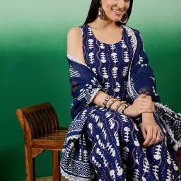 Sangria Blue Ethnic Motifs Round Neck Gotta Patti Anarkali Kurta With Trousers & Dupatta-picture-11