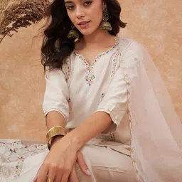 Sangria Ethnic Motifs Embroidered Straight Kurta With Trousers & Dupatta-19