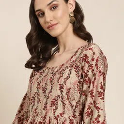 SHOWOFF Ethnic Motifs Printed Beads & Stones Pleated A-Line Kurta with Trousers-16