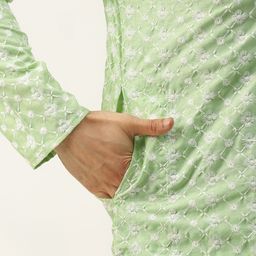 SOJANYA Men Green & White Embroidered Thread Work Kurta with Churidar & Nehru Jacket image 2