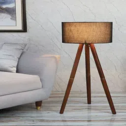 pristine interiors Illumi E-27 Holder Walnut Finish Mango Wood Tripod Floor Lamp with Black Colour Cotton Shade-picture-21