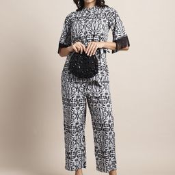 BLANC9 Abstract Printed Mandarin Collar Fringed Sleeve Top With Trousers image 5