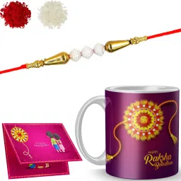 Designer Rakhi with mug_NAADN3971 Gold Finish Rakhi, Chawal Roli Pack, Greeting Card, Mug Set-12