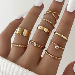 Shining Diva Fashion Set Of 9 Gold-Plated & Crystal Stone-Studded Finger Rings-98