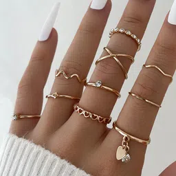 Shining Diva Fashion Set Of 10 Gold-Plated & Crystal Stone-Studded Finger Rings-6