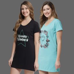 Pack of 2 Women Graphic Print Round Neck Cotton Blend Multicolor T-Shirt-image-3