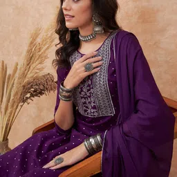 Sangria Purple Ethnic Motifs Embroidered Straight Kurta With Trousers & Dupatta-20