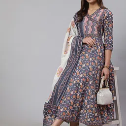 GLAM ROOTS Floral Printed Angrakha Pure Cotton Kurta with Trousers & With Dupatta image 5