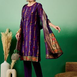 RAJGRANTH Floral Regular Chanderi Cotton Kurta with Trousers & Dupatta image 2