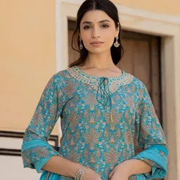 Varanga Ethnic Motifs Printed Regular Mirror Work Kurta with Trousers & With Dupatta image 4