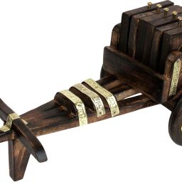 Wooden Miniature Bullock Cart / Baggi Tea Coffee Drink Coaster Set of 6 Brass Inlay Coasters For Dining Showpiece (11X6 inch, Brown) Coasters Serving Set-15