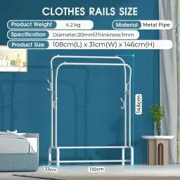 leopax Steel Floor Cloth Dryer Stand Dual Pole Cloth Garment Rack with 2-Tier Lower Storage Shelf and Side Tree Hooks image 2