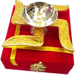 Traditional Brass Om Diya | Antique Silver Akhand Diya with Velvet Gift Box Brass Table Diya-image-68