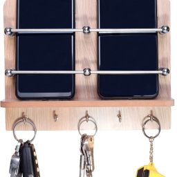 LICHEE Wooden Double Stand With 5 Key Hooks for Keys,Phone Charging,Remote Mobile Holder-0