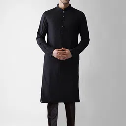 KISAH Men Mandarin Collar Straight Kurta & Trousers with Nehru Jacket Set image 2