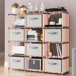 Orange Strip Print Plastic Metal 15 Shelf Book Organizer Metal Open Book Shelf-picture-14